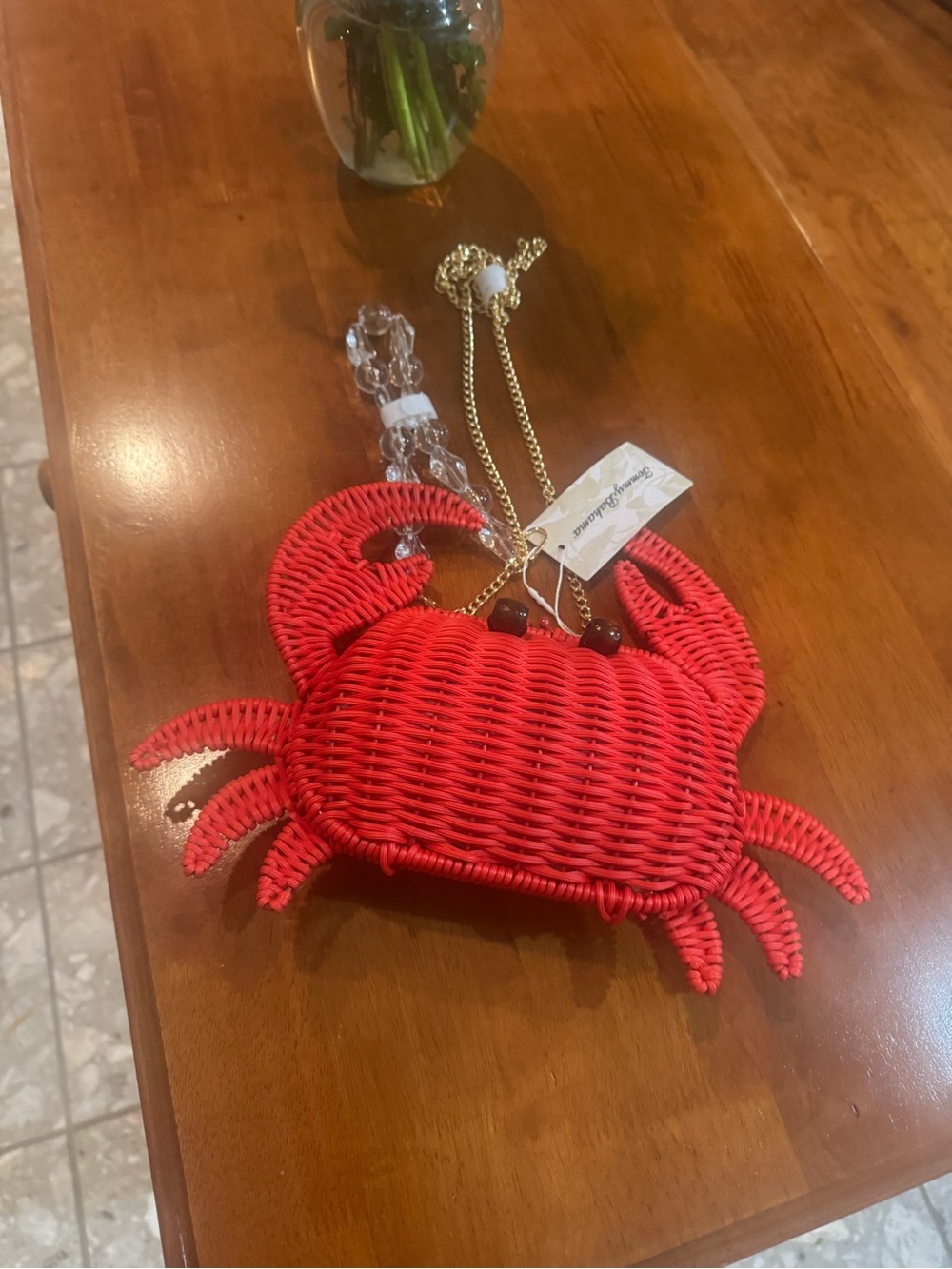 Tommy Bahama VIRAL Crab Red Wicker  Crossbody Bag Beaded Handle & Gold Chain - Picture 8 of 12